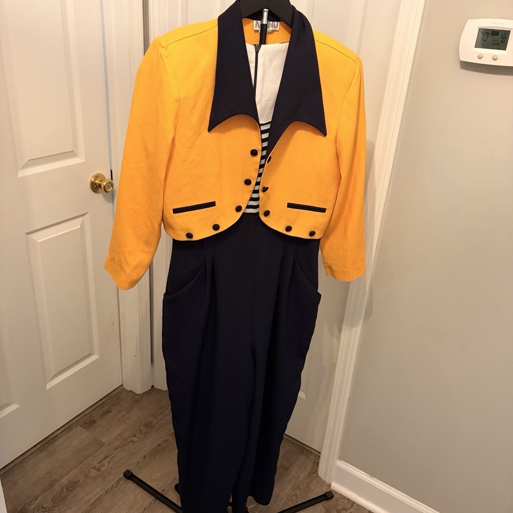 Vintage 1980s MENU Two-Piece Jumpsuit Set Cropped Blazer Yellow & Navy Powersuit